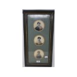 Six late 19th/early 20th century tinted photographs, of jockeys, each 10 cm diameter, in two frames,