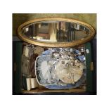 A silver part dressing table set, assorted plated cutlery, evening bags, ceramics, glass, two