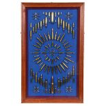 A display of rifle rounds, of various calibres (not live ammunition), cased, 49 cm wide See