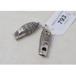 A novelty silver owl whistle, and another similar (2) Report by RB Modern