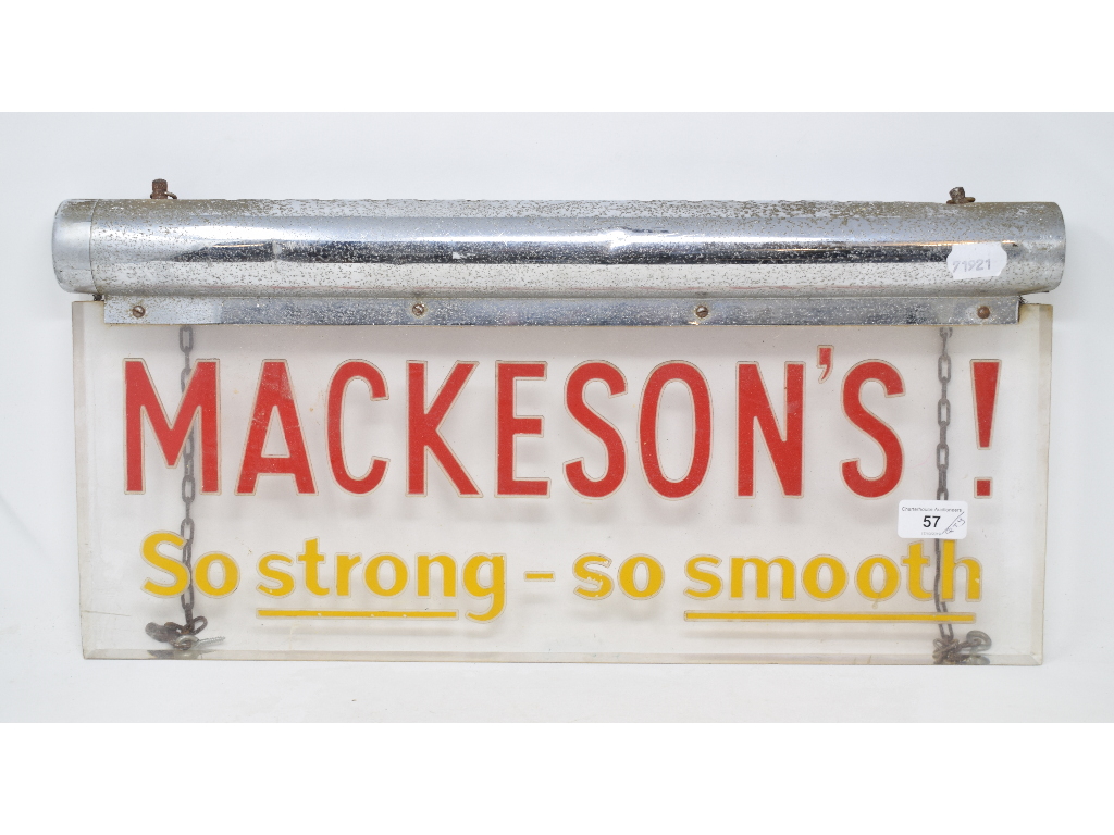 An illuminated chrome and perspex advertising sign, MACKESON'S! SO STRONG - SO SMOOTH, 54 cm wide, a