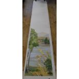 A group of hand painted wallpaper panels, decorated a lake scene, with houses and trees, each