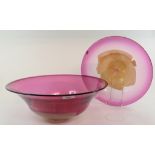 A William Walker cranberry art glass bowl, signed and dated 2002, 34 cm diameter, and another, 41 cm