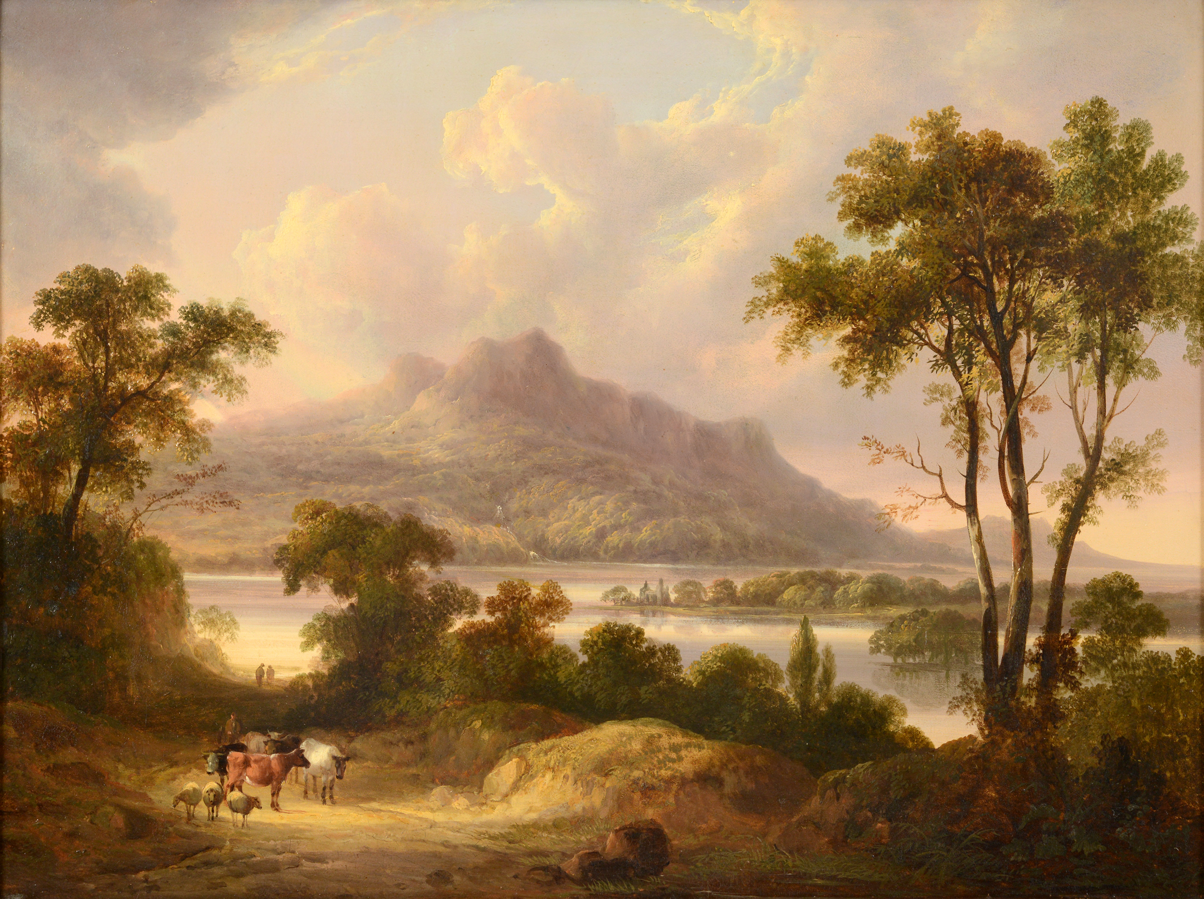 Attributed to Horatio McCulloch (1805-1867), a lake, with cattle, sheep and figures in the