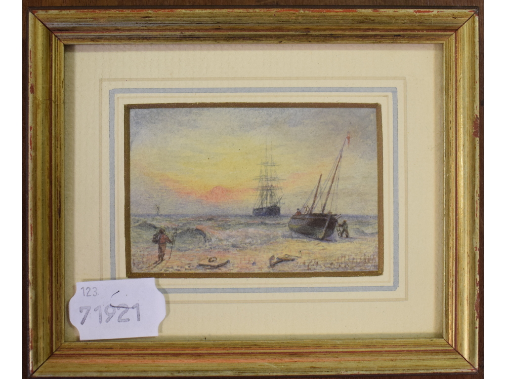 Manner of Nicholas Matthew Condy (1818-1851) a ship in heavy seas, watercolour, 7.5 x 11 cm, its - Bild 2 aus 2