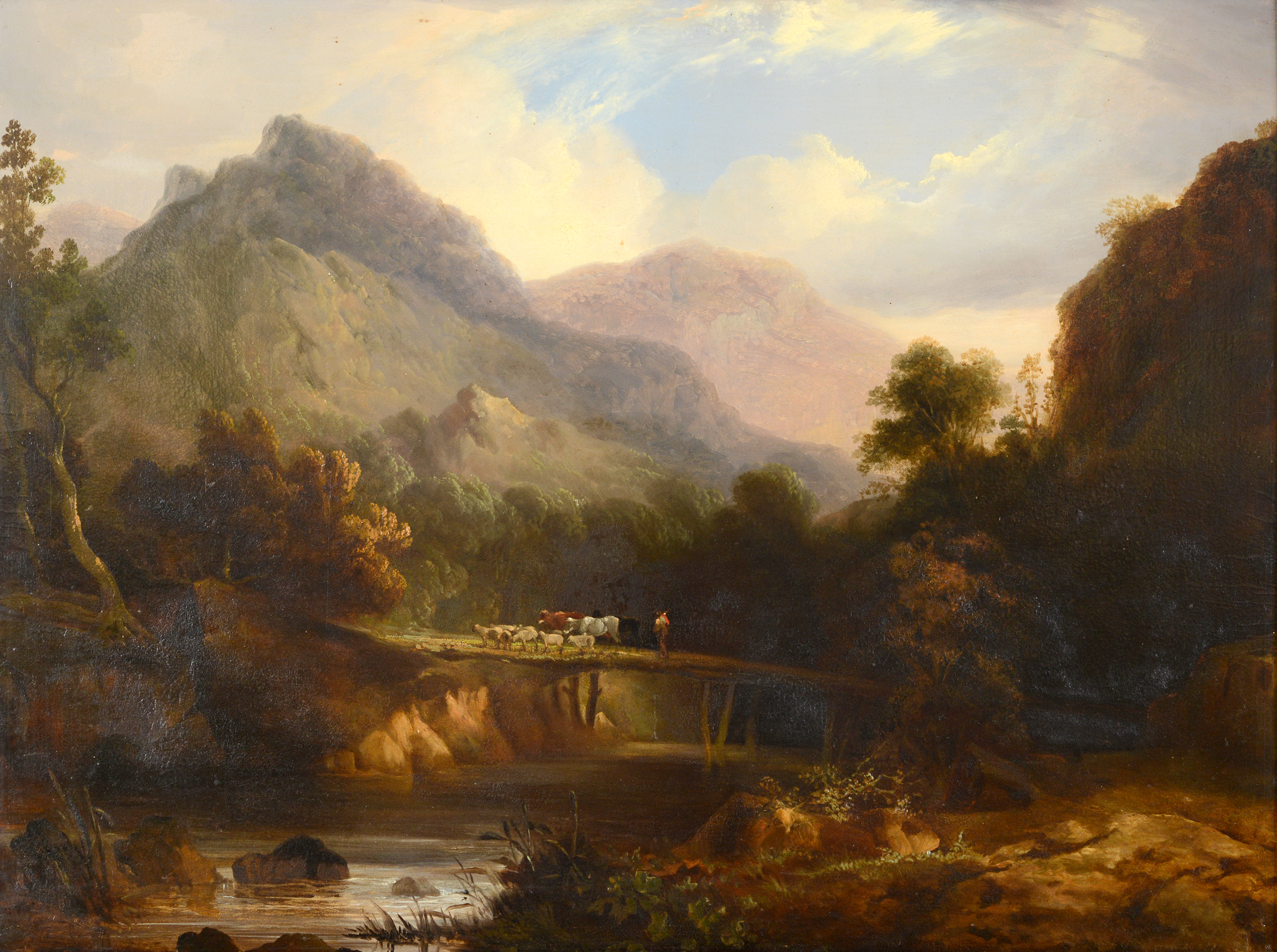 Attributed to Horatio McCulloch (1805-1867), a herdsman with cattle and sheep crossing a river on