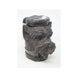 A carved wood tobacco jar, in the form of a dog's head, 18 cm high Modern