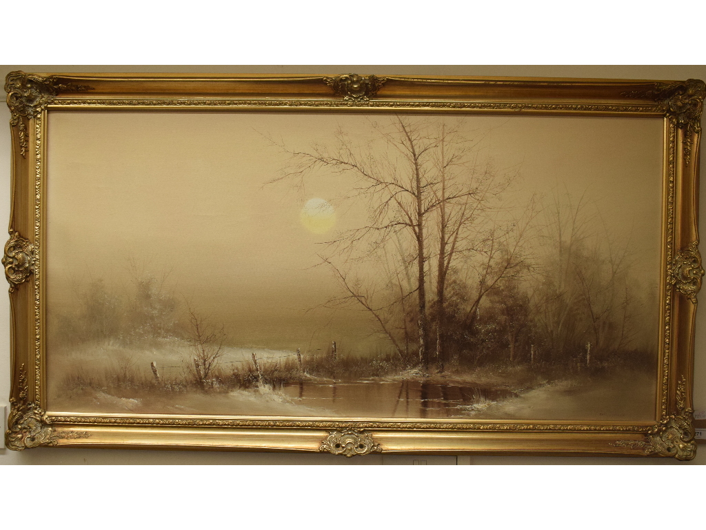 David Pearson, a winter landscape, with trees and a pond, oil on canvas, signed, 60 x 120 cm