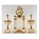 A late 19th century French clock garniture, the clock having an 8.5 cm diameter enamel dial with