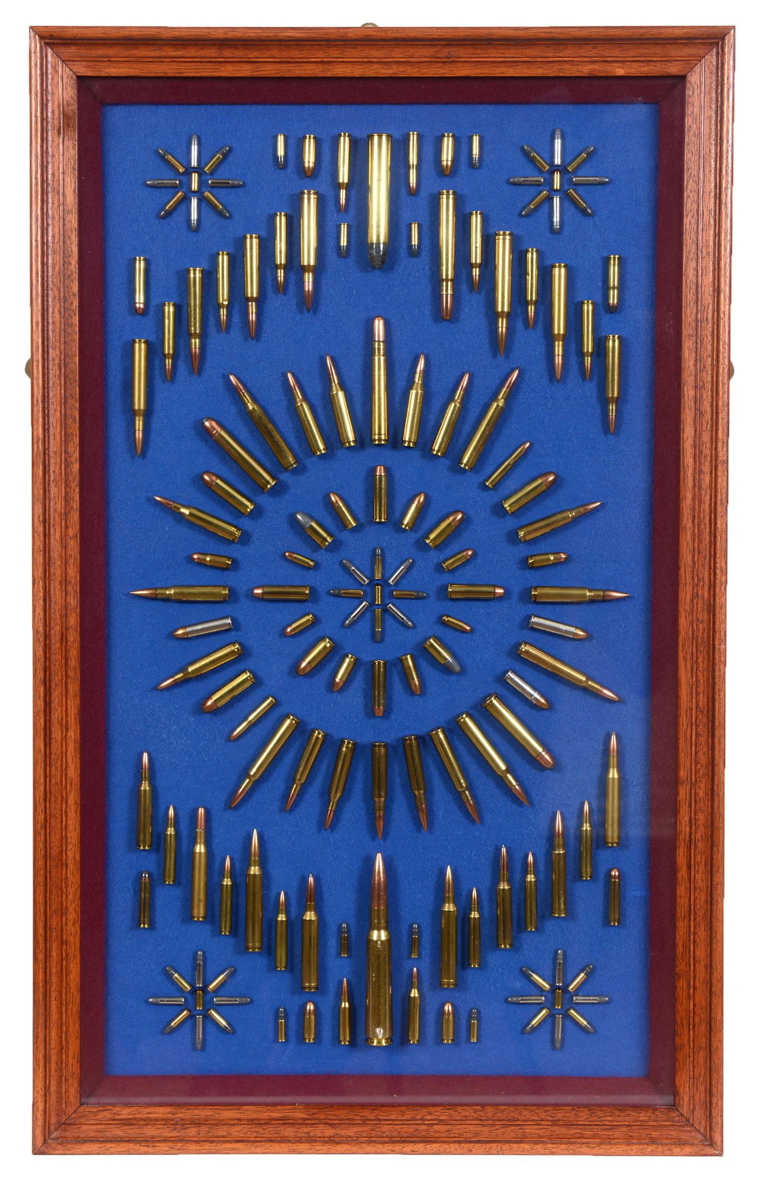 A display of rifle rounds, of various calibres (not live ammunition), cased, 49 cm wide See