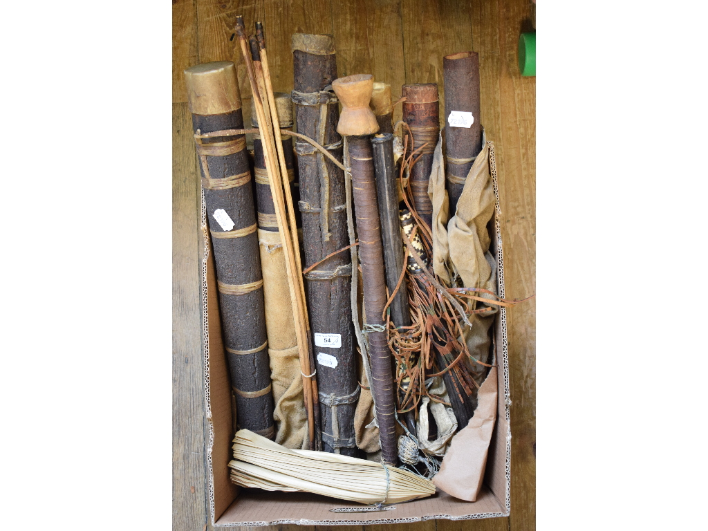 Assorted ethnic arrows, quills, and other items (box)