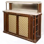 A Regency rosewood side cabinet, the brass three quarter gallery on a marble top, on brass supports,