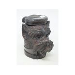 A carved wood tobacco jar, in the form of a dog's head, 18 cm high