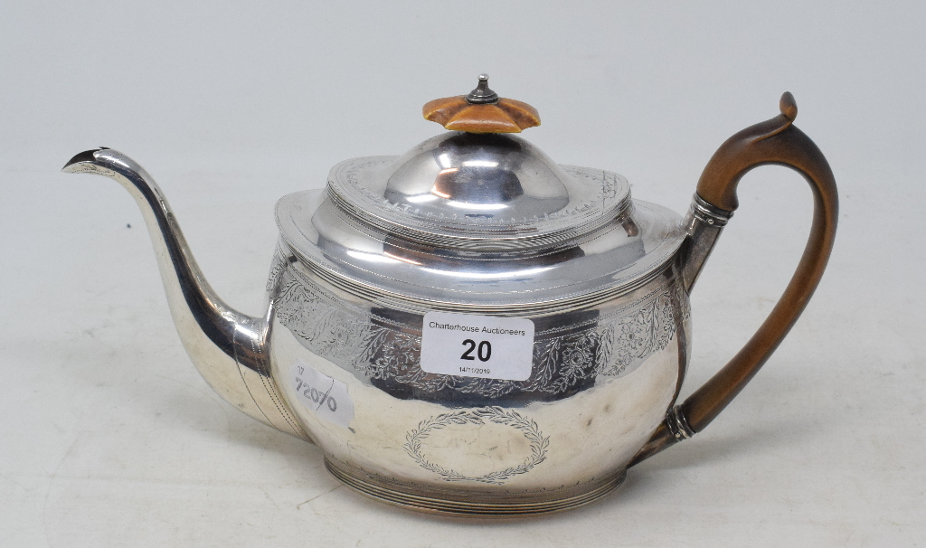 A George III silver teapot, with engraved decoration, Alice & George Burrows II, London 1803,