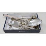 A Scandinavian silver coloured metal serving spoon, approx. 4.2 ozt, other silver flatware and