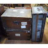 A metal bound pine box, containing assorted wood working tools, 69.5 cm wide, two similar boxes