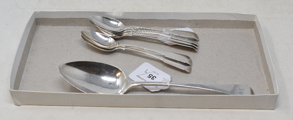 A set of six silver fiddle pattern teaspoons, initialled, London 1860, and a silver old English