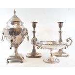 An early 19th century silver plated samovar, 36 cm high, a pair of 19th century plated on copper