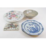 A Chinese famille rose panel, decorated figures and foliage, 10.5 x 15.5 cm, a famille rose plate,