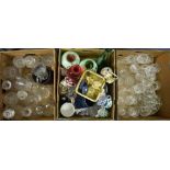 Assorted cut glass decanters, jugs, other glass and assorted ceramics (3 boxes)