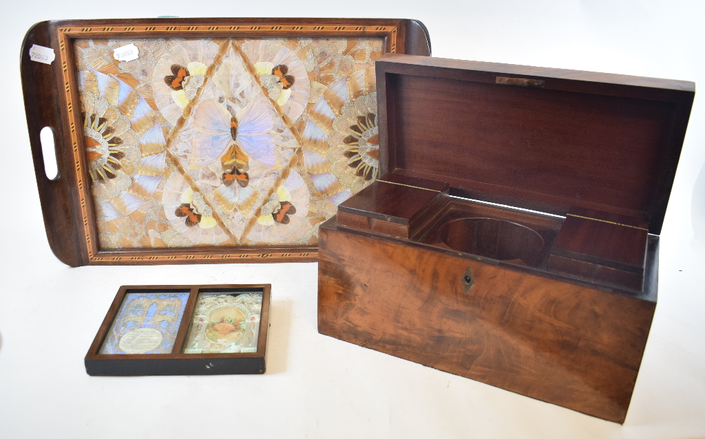 A Victorian mahogany tea caddy, 33 cm wide, a cut paper diorama, a butterfly wing tray, assorted