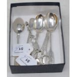 A set of six silver fiddle pattern teaspoons, initialled, London 1900, and a pair of silver sugar