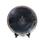 A fine late 18th century silver salver, the centre engraved a crest, coat of arms and a motto,