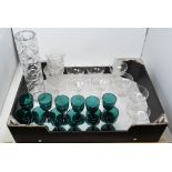 A set of eight hollow champagne glasses, twelve green glasses, and other glass (box)