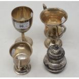 A silver trophy cup, inscribed, Sheffield 1924, two others, and a silver caster, approx. 8.1 ozt (4)