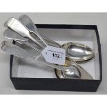 Seven 19th century silver fiddle pattern desertspoons, initialled, various dates and makers, approx.