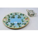 ** Amendment NO Whieldon style teapot and cover** A George Jones style majolica strawberry dish,