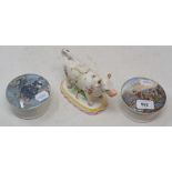 A Staffordshire pottery cow creamer, 12.5 cm high and two Prattware pots, one decorated fisherman,