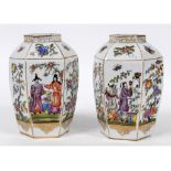 A pair of Carl Thieme, Potschappel porcelain hexagonal vases, decorated Chinese figures, foliage,