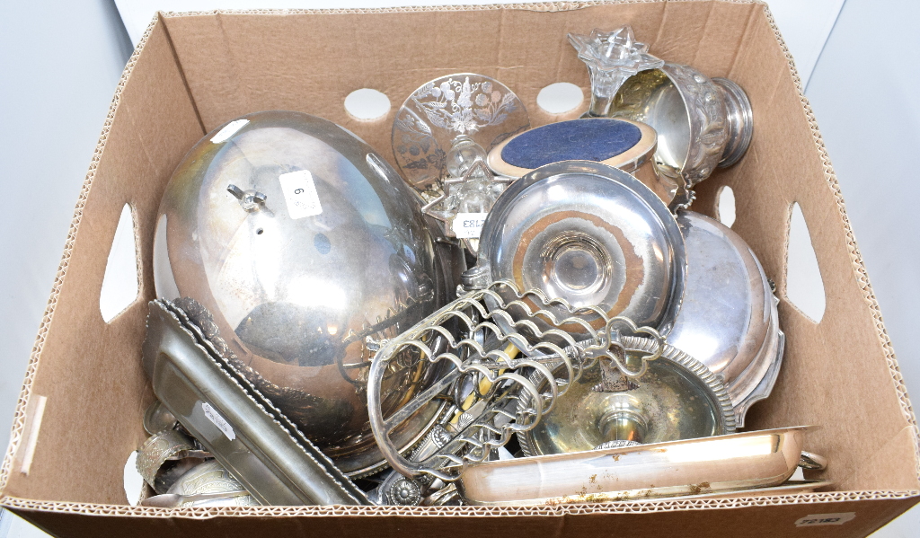 Assorted silver plated items, including tureens and covers, cutlery and other items (box)