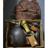 A late 19th century music box, 10 cm wide, another music box, 14 cm wide, two pairs of binoculars, a