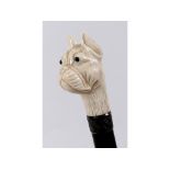 A walking cane, the carved ivory handle in the form of a bulldog head, with glass eyes, 96 cm See