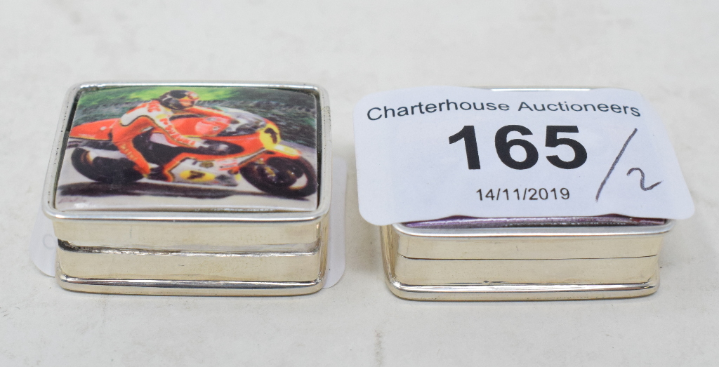 Two silver and enamel pill boxes, decorated motorbikes