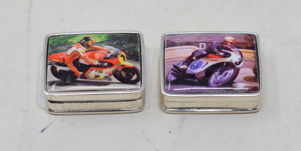 Two silver and enamel pill boxes, decorated motorbikes - Image 2 of 2