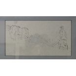 Modern British school, a ploughman, crayon, 16 x 30 cm, and an Ian Weekly lithograph, View from