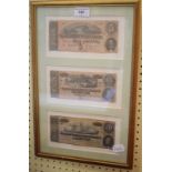 Three Confederate States of America banknotes, $5, $10 & $20, framed as one, assorted bonds and