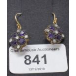 A pair of drop earrings, set amethysts and diamonds, boxed