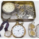 A lady's 18ct gold wristwatch, two pocket watches, a double sovereign case, a silver Albert, coins