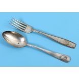 An Adolf Hitler formal pattern silver coloured metal dessert fork, with a Greek key border and