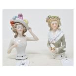 A porcelain half doll, probably Galluba & Hoffman, Princesse de Lanballe, 12 cm high, and another (