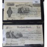 A late 19th century Stockton-on-Tees Bank £5 note, clipped, and a Durham Bank £5 note, also