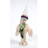 A Dressel & Kister porcelain half doll, medieval lady with pink rimed pointed hat with pale blue