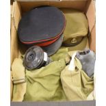 An RAMC cap, with badge, other military hats and two gas masks, with cases (box)