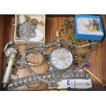Assorted costume jewellery, an open face pocket watch, and a walnut box