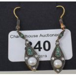 A pair of drop earrings, set emeralds, diamonds and a cultured pearl, boxed