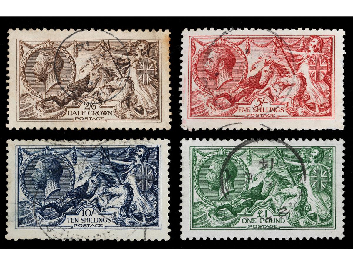 George V seahorse stamps, 1913: half crown, five shillings, ten shillings and one pound, S.G.399,